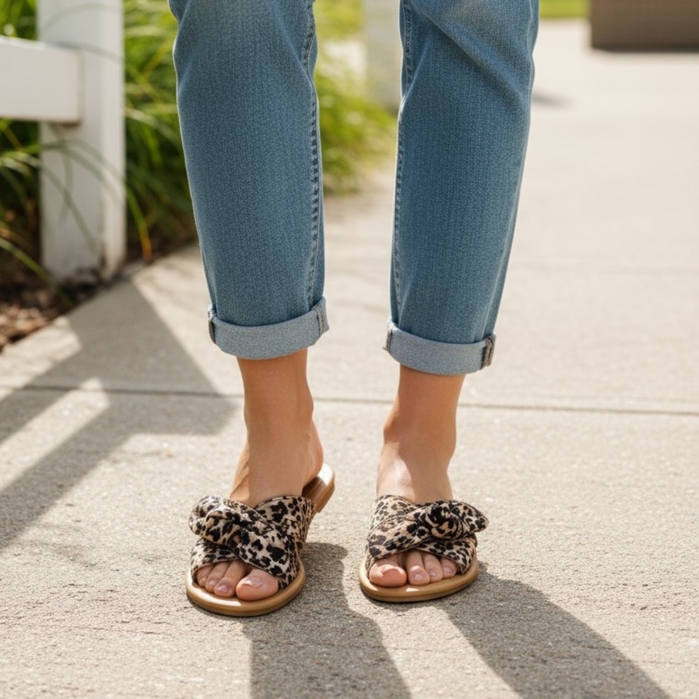 NIB Women’s Leopard Bow Slide Sandals | Qupid | Animal Print Slip-On Shoes - Picture 3 of 15